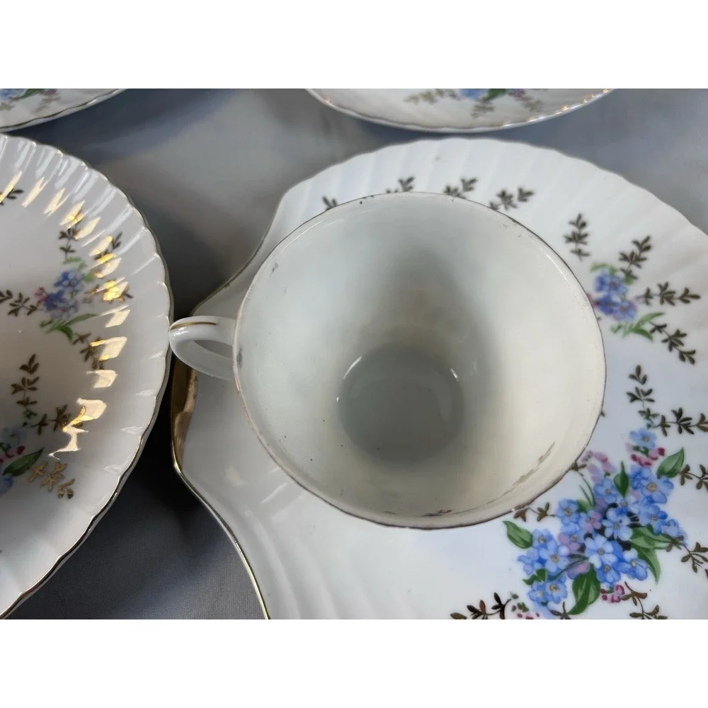 Vintage Japan Tea Cup Saucer Set 4 Blue Floral‎ Gold Trim Scalloped